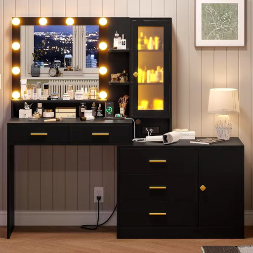 Vanity Desk with Mirror and Lights, Makeup Vanity with Lights & Charging Station, White Vanity with Ambient Light