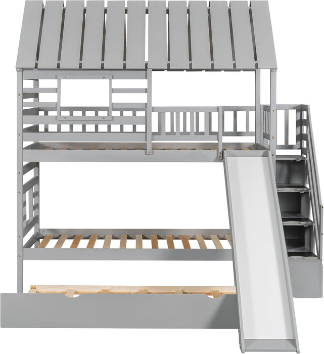 Kids Twin over Twin Bunk Beds with Slide and Trundle, Solid Wood Bunk Bed Frame with Stairs and Storage, Playhouse Bunk Bed with Roof and Window for Kids, Teens, Girls & Boys (Gray)