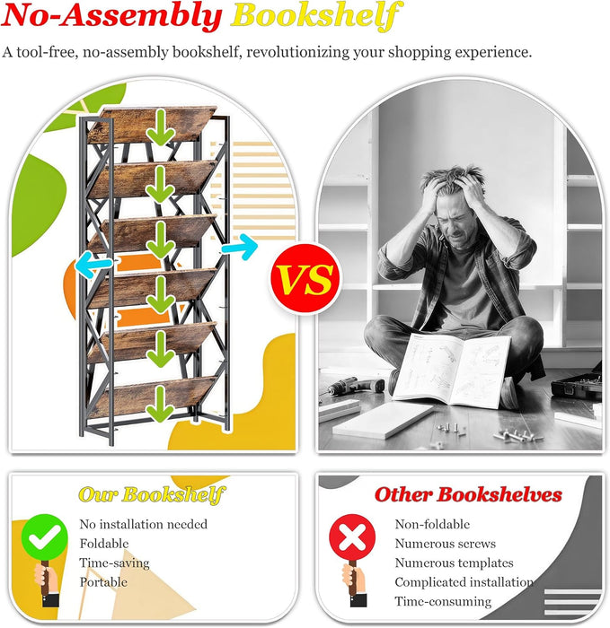 No Assembly Folding Bookshelf, 61.9" H X 23.6" W, 6 Tier Foldable Book Shelf Industrial Bookcase, Vintage Collapsible Storage Shelves for Home Office Living Room Bedroom, Rustic Brown Black