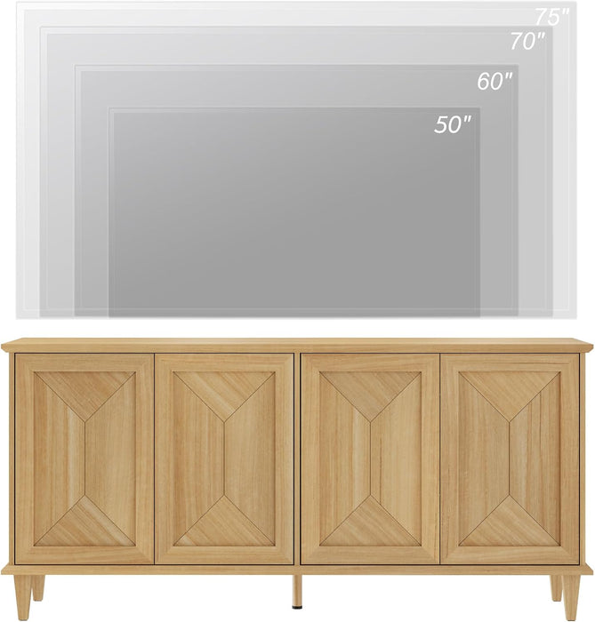 65-Inch Handcrafted Patchwork Decorative Buffet Cabinet with Pop-Up Design Doors,Full Unit Modern Modern Farmhouse Accent Credenza for Coffee Bar, Kitchen, and Living Room, Natural Oak