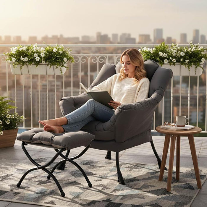 Dark GreyVelour Upholstered Accent Chair With Ottoman
