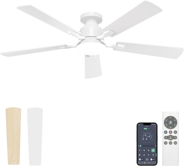 52 Inch Ceiling Fan with Lights Flush Mount, Low Profile Ceiling Fans with Lights, Remote&App Control,Dimmable 22W LED Light,Queit&Reversible Fan, White Ceilings Fans for Bedroom, Living Room