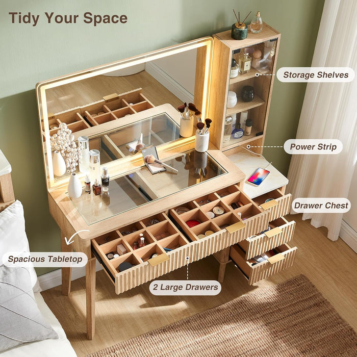 48" Fluted Vanity Desk with 36" Large HD Mirror and Lights, Modern Wood Glass Tabletop Makeup Table with Adjustable Storage Shelves, 5 Drawers, Charging Station for Bedroom, Natural Oak