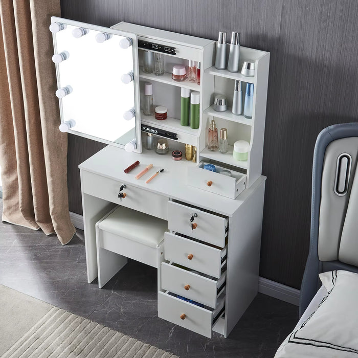 Makeup Vanity Table with Drawers, Vanity Desk Set with Shelves, Dresser Desk and Cushioned Stool Set White for Women