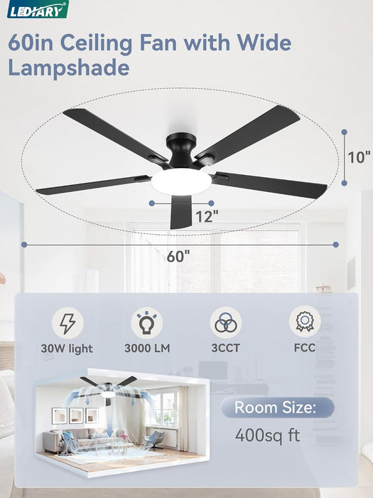 60 Inch Ceiling Fan with Lights and Remote, 30W 12" LED Panel Flush Mount Ceiling Fan, 6-Speed Quiet DC Motor Modern Low Profile Ceiling Fan with Reversible Blades for Living Room, Bedroom, Patio