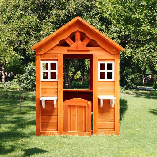 Outdoor Playhouse for Age 3-8 Years Boy Girl, Wooden Cottage Playhouse with Window & Flowerpot Holder, Play House for Outdoor Garden, Lawn, Patio, Yard