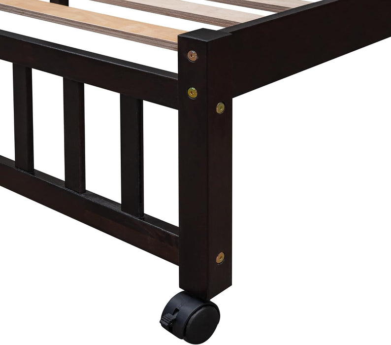 Twin over Full Bunk Bed with Storage, Solid Wood Bunk Bed with 6 Drawers and 3 Flexible Shelves, Twin Loft Bed with Movable Lower Bed, Bottom Bed with Wheels, for Kids Teens Adults (Espresso)