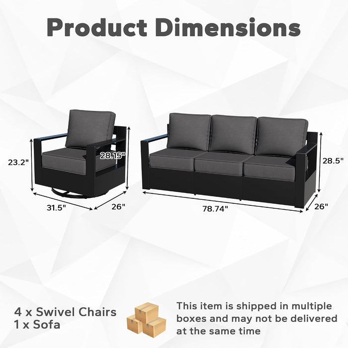 Outdoor Aluminum Furniture Set, 5-Piece Patio Conversation Set, 4 Swivel Chairs and 1 Sofa, All-Weather Metal Frame, 6" Thick Removable Cushions, Deep Setting for Garden, Poolside and Porch