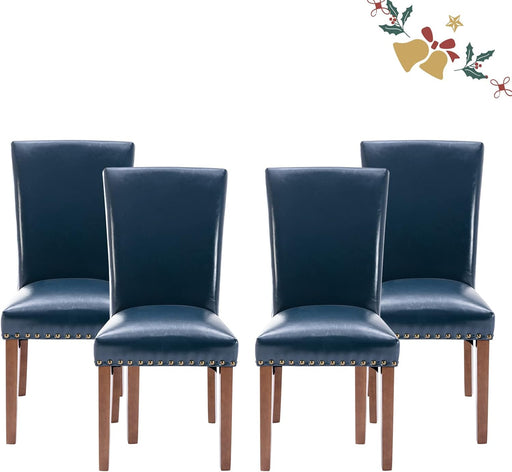 Parsons Dining Chairs Set of 4, Upholstered Nailhead PU Leather Dining Room Kitchen Side Chair with Thick Cushions and Wood Legs, Blue