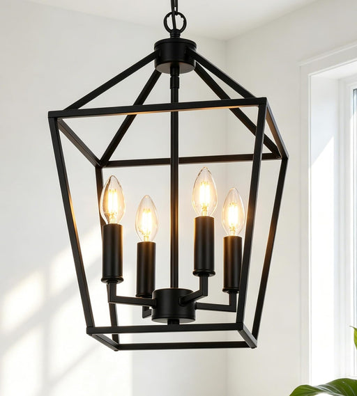 Farmhouse Chandelier Black Openwork Cage Four Light