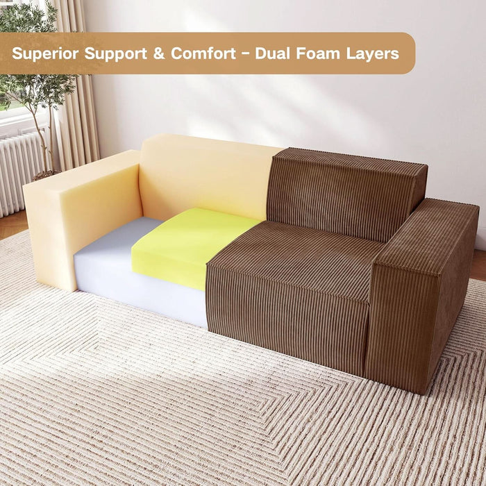Sofa-In-A-Box, Memory Foam 3-Seater Couch, No Installation & Easy to Transport, Deep Seat Modern Sofa with Corduroy Fabric, Couch for Living Room, Bedroom, Apartment, Home Office, Brown