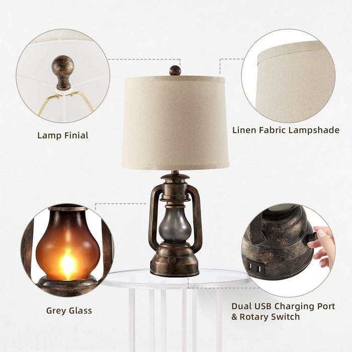 Farmhouse Lantern Table Lamps for Living Room Set of 2 with USB C+A