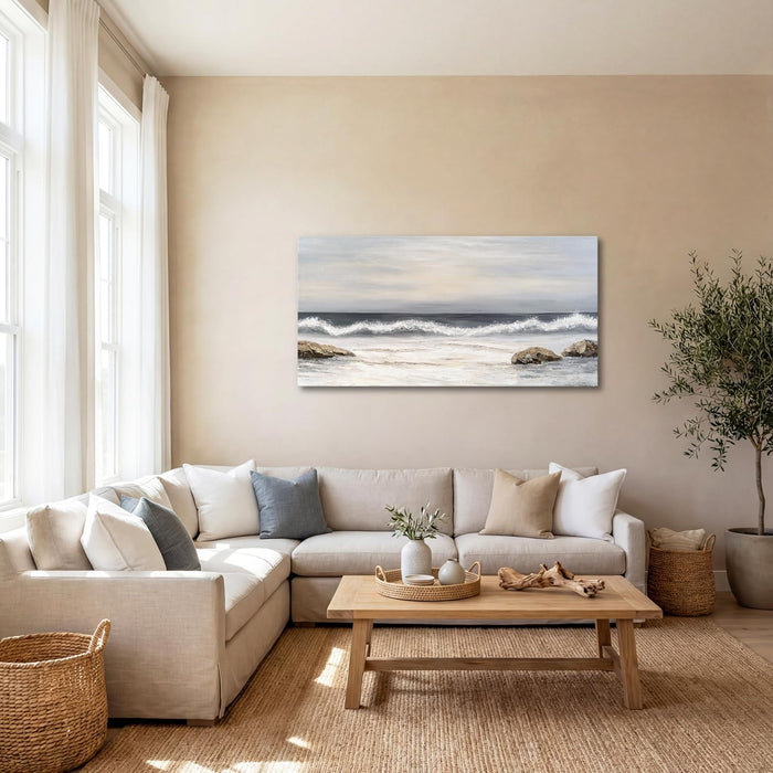 Coastal Seascape Canvas Wall Art, Neutral Blue Grey Ocean Waves Wrapped Canvas Print, Large Horizontal Wall Decor for Living Room above Sofa, Ready to Hang, 48 X 24 Inch
