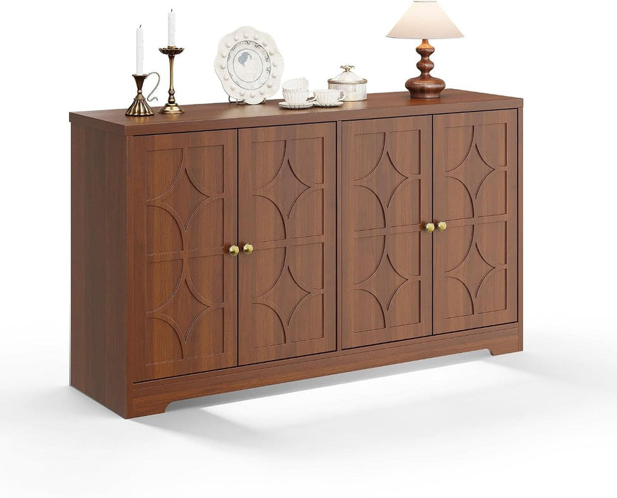 Farmhouse Brown Buffet Sideboard Cabinet with Storage - 55" Credenza, 4 Doors, Adjustable Shelves - Modern Console Table for Kitchen, Dining Room, Living Room, Coffee Bar, Brown