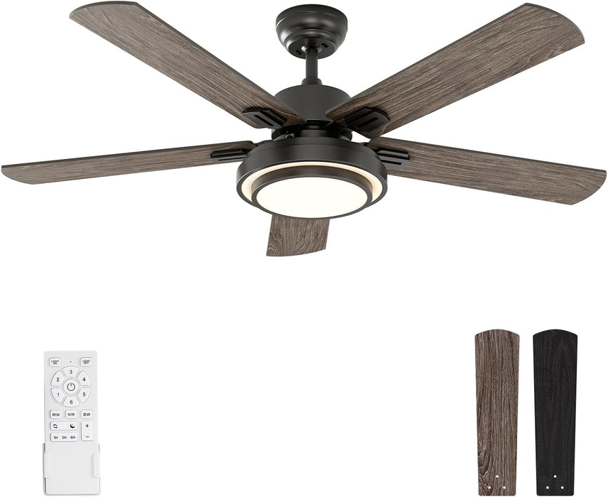 Ceiling Fans with Lights and Remote Control, 52 Inch, 6 Speeds Reversible DC Motor, 3 Color Dimmable Light, Timer, Noiseless, Black, 5 Blades