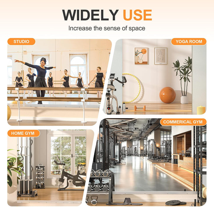 Home Gym Mirror, 48"X24" Each, 3-Pack Frameless Wall Mounted Mirrors with Glass Clamps & 2 Aluminum Rail, Large Body Mirror for Home Gym, Yoga Studio, Bedroom, Silver Tempered Glass