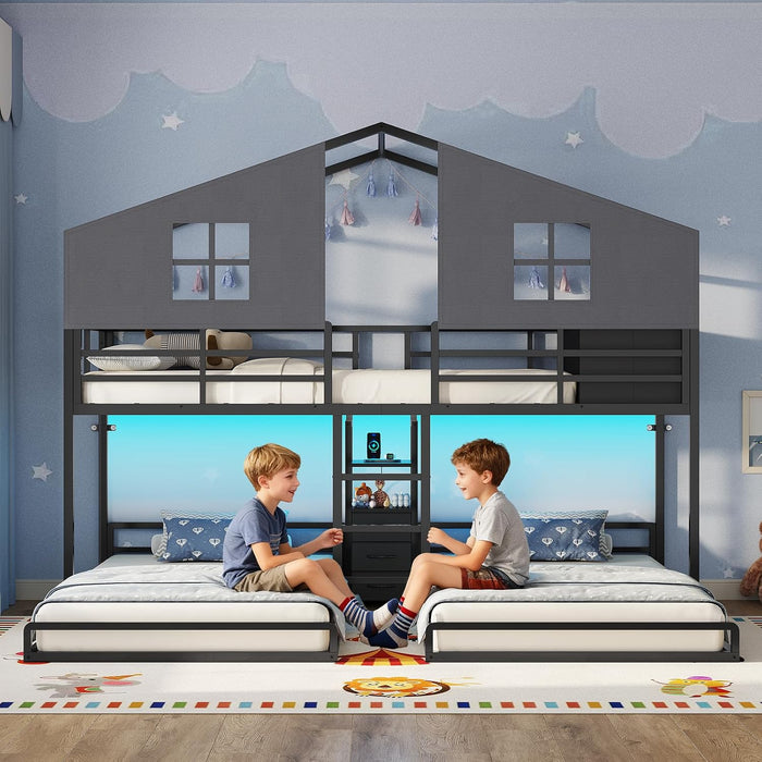 Black CommercialGrade Triple Bunk Bed HouseShaped LED