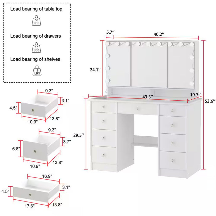 White Makeup Vanity Desk 9 Drawers Wood Dressing Table with 3 LED Bulb Light Mirrors, Glass Top, Hidden Storage Shelves