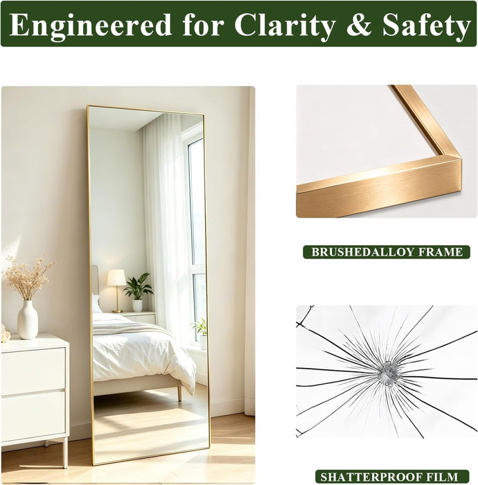 Full Length Mirror 56"X16" Floor Mirror with Stand, Gold Full Body Wall Mirror Standing Hanging or Leaning against Bedroom Mirrors for Entry, Living Room