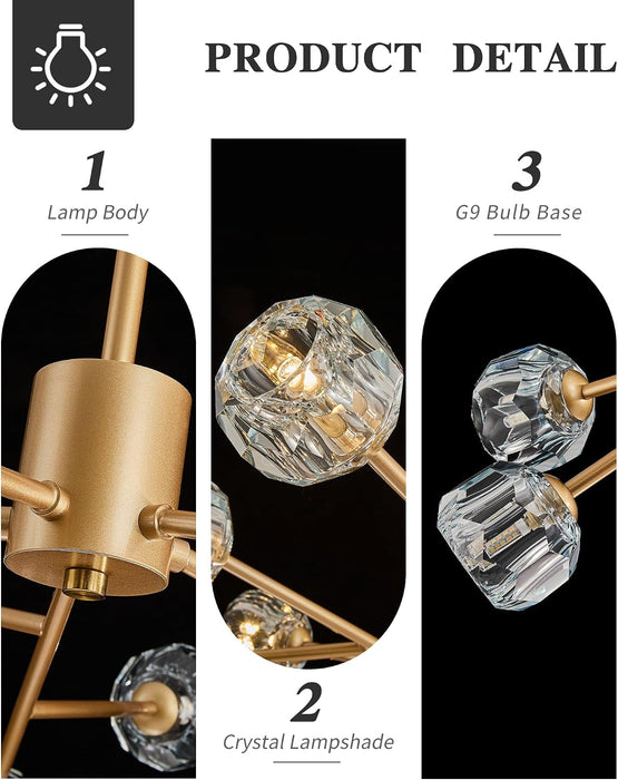 Gold Sputnik Chandeliers for Dining Room Light Fixture over Table, Modern Crystal Chandeliers, 43" 15 Lights Gold Lighting Fixtures for Living Room Kitchen Island