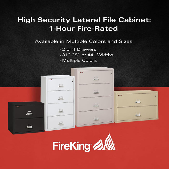 Fireproof Lateral File Cabinet (4 Drawers, Impact Resistant, Water Resistant), 38" W X 22" D, Black, Made in USA