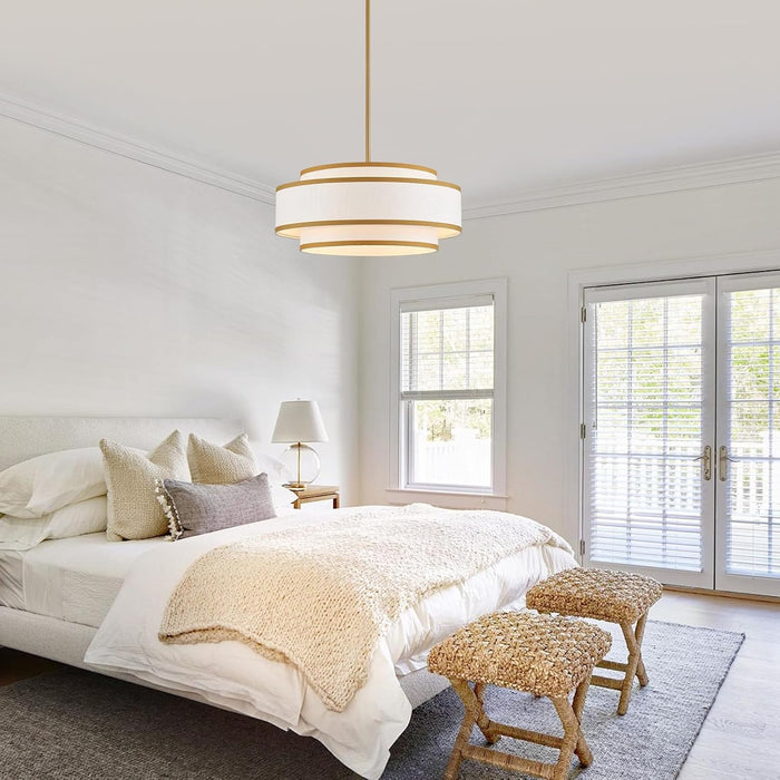 19.7" Gold Drum Chandelier with White Linen Lampshade 4-Light Modern Farmhouse Chandelier Light Fixture for Dining Room, Kitchen Island, Foyer Entryway Bedroom