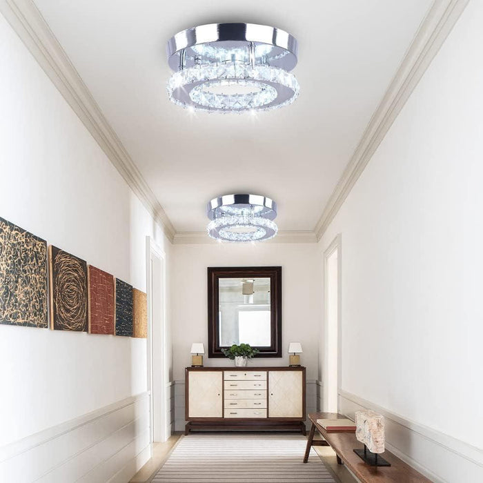 Modern Mini Led Chandelier Semi Flush Mount Crystal Lighting Ceiling Crystal Lamp for Bedrooms Dinning Rooms Hallway(Round White)