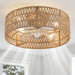 Boho Caged Ceiling Fans with Lights Flush Mount, Hand-Woven Rattan Ceiling Fans with Light and Remote Control, Enclosed Timing 6 Speeds Reversible for Living Room Bedroom Dining Room