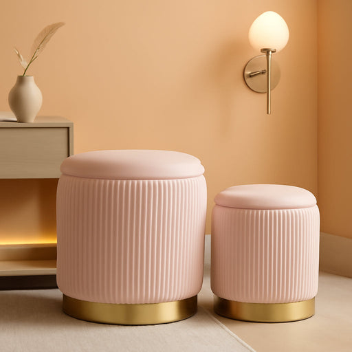 Round Ottoman with Storage Set of 2 Upholstered Velvet Vanity Stool for Living Room Storage Ottomans Multifunctional Foot Rest (Pink)