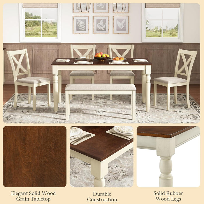 6-Piece Farmhouse Dining Table Set, 60” Solid Wood Table, 4 Upholstered Chairs and Bench, Rustic White and Walnut Finish, Seating for 6, for Kitchen or Dining Room