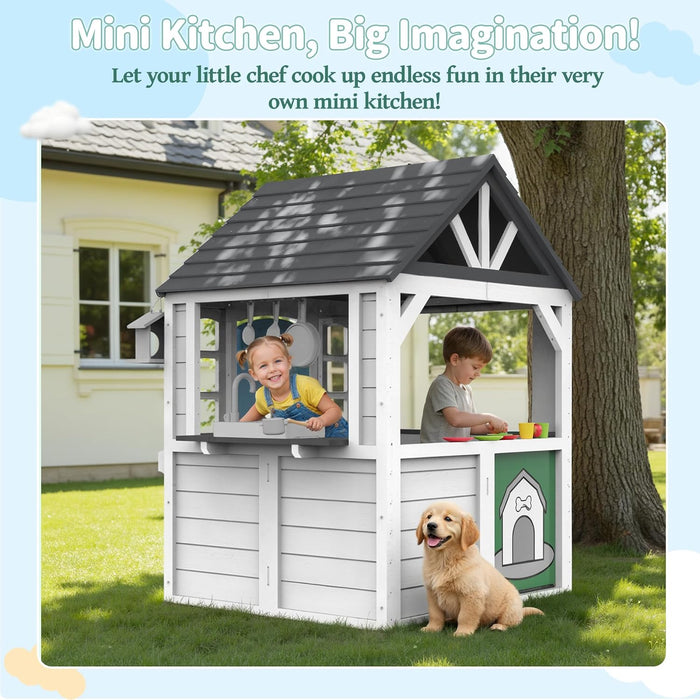 Kids Playhouse – Outdoor & Indoor Playset, Modern White Cedar Wooden Playhouse for Ages 3–8 with Split Dutch Door, Functional Kitchen Set (Includes Stove, Sink), Interactive Doorbell (White)