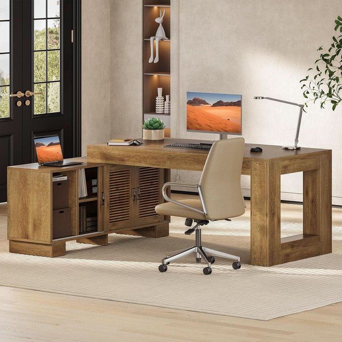 Brown 63InchLong LShaped Desk With Sliding Cabinets