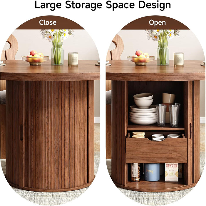 47 Inch round Dining Table for 4, Circle Kitchen Table with 2-Layer Storage Shelf and a Drawer, Modern Farmhouse Dinner Tables with Sliding Door and Wood Strip Base for Kitchen, Living Room (Walnut)