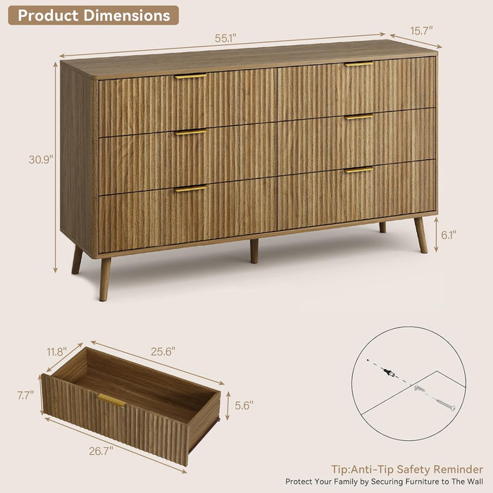 Fluted 6 Drawer Dresser for Bedroom, 55" Wide Wooden Chest of Drawers with Rounded Corners, Gold Handles, Modern Storage Organizer for Bedroom, Hallway(Walnut)