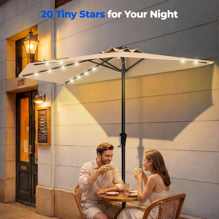 9FT Half Patio Umbrella with Solar LED Lights for Outdoor, Waterproof Half Umbrella for Small Spaces, Balcony, Deck(Beige)