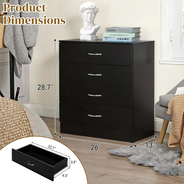 Black 4 Drawer Dresser for Bedroom, Modern Nightstand Storage Chest of Drawer, Wooden Side Table End Table, Living Room, Reception Room