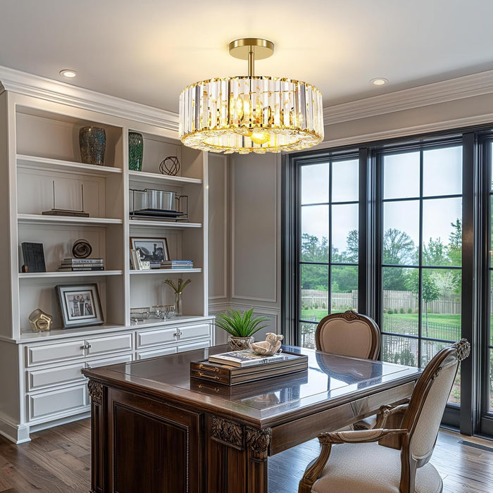 4-Light Crystal Ceiling Light Fixture - 14.56 Inch Modern Semi Flush Mount Ceiling Light Crystal Chandelier for Kitchen Bedroom Dinning Room Hallway - Gold