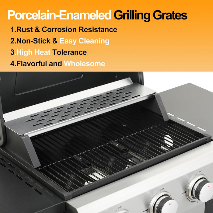 Stainless Steel 4-Burner Propane Gas Grill – 40,000 BTU Output, Porcelain-Enamel Grates, Even Heating System & Easy Grease Management for Backyard Patio BBQ Parties