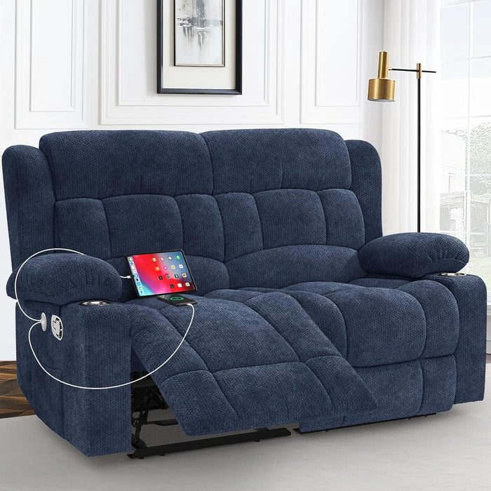 Loveseat Recliner Sofa, 2 Seater Minimalist Style Fabric Manual Pull Tab Reclining Loveseat with USB Charge Ports, Cup Holders, Recliner Love Seat Couches for Living Room, RV, Blue