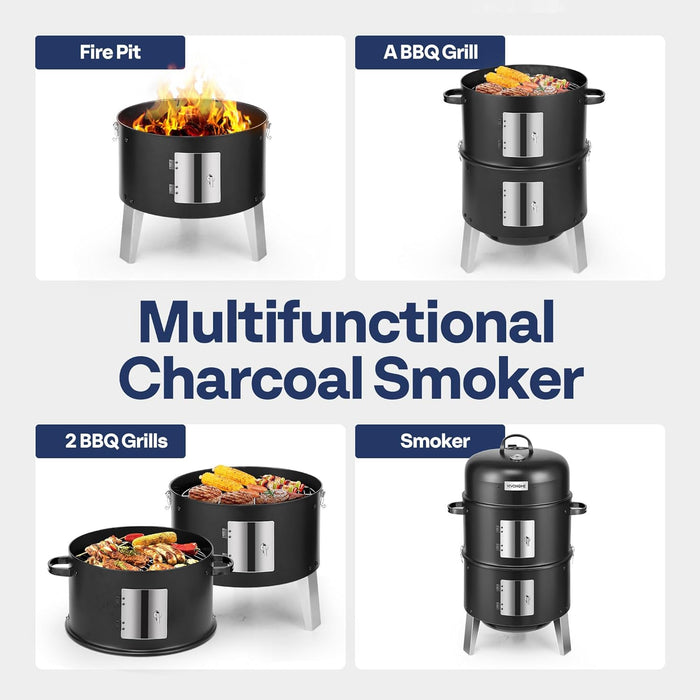 3-In-1 Vertical Charcoal Smoker, BBQ Smoker Grill with Built-In Thermometer, Air Vent, and 2 Access Doors, Idea for Parties, Backyard, Barbecues