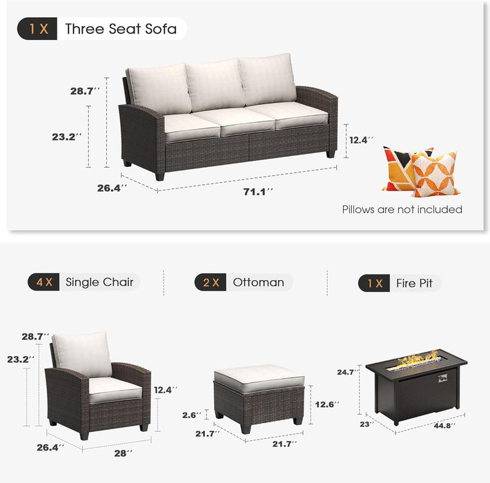 8 Pieces Patio Furniture Set with 45-Inch Firepit, Outdoor Wicker Conversation Set with 3-Seat Sofa, 4 Single Wicker Sofa and Metal Top Firepit with 2 Ottoman for Garden, Yard, Beige Cushion