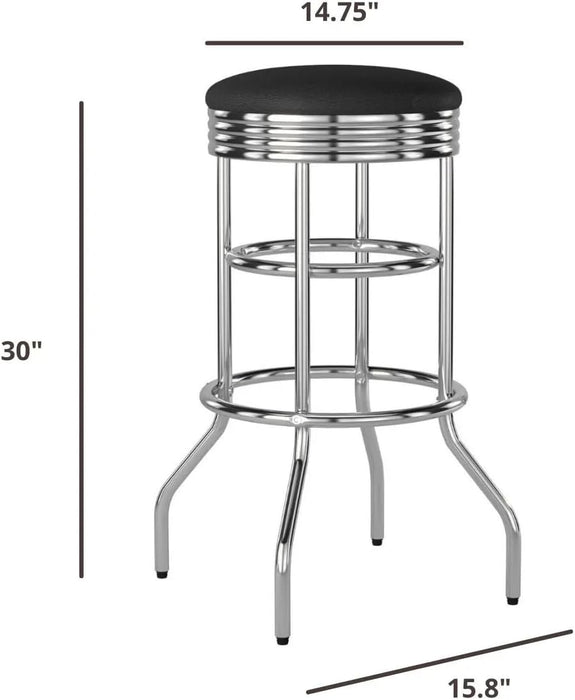 Heavy Duty 30-Inch Backless Swivel Bar Stool for Kitchen, Garage, or Workshop, Chrome Finish with Faux Leather Seat, 2 Pack, Black