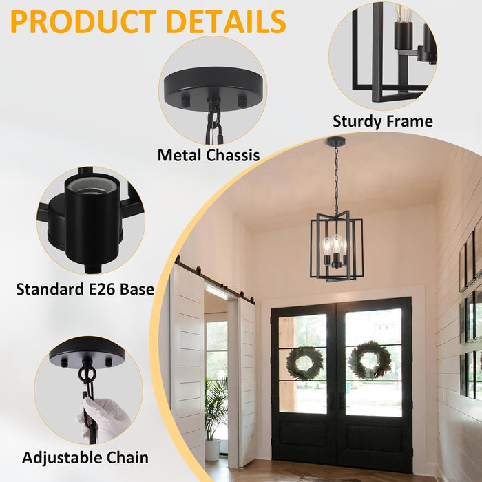 Black Farmhouse Modern Chandelier Light Fixture for Dining Room, 3 Light Rustic Kitchen Island Metal Pendant Hanging, Adjustable Geometric Foyer Light Fixtures for Entryway Hallway Living Room