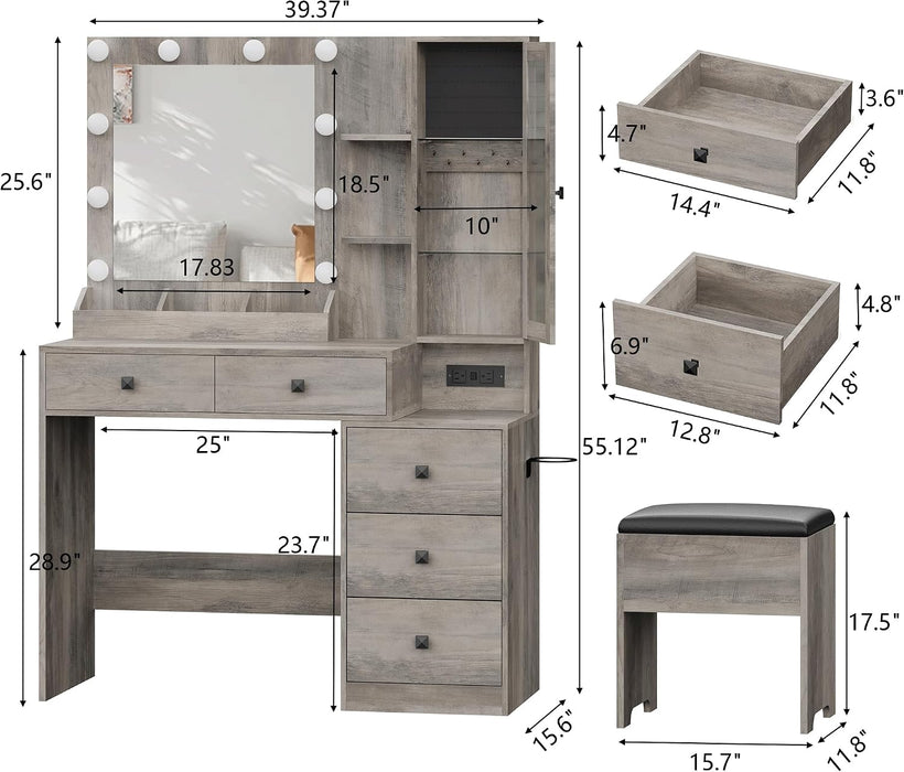 Vanity Desk with Mirror and Lights, Grey Makeup Vanity with 5 Drawers Hidden Jewelry Organizer& LED Glass Cabinet,3 Light Mode and Brightness Adjusted,Vanities Mirror with Lights Desk and Chair