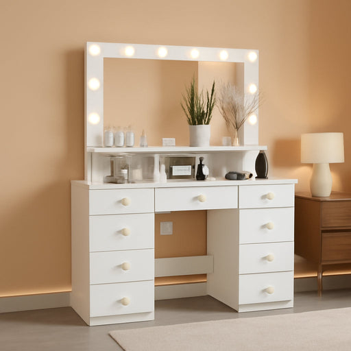Vanity Desk with Lighted Mirror, Makeup Vanity Table with Power Outlet, 9 Drawers & Crystal Handles, 43.3” Large Vanity Desk Dressing Table for Women, Girls, Bedroom, White