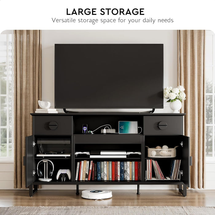 70" Modern Fluted TV Stand for 80" Tvs - Entertainment Center with 2 Drawers, Storage Cabinets & Power Outlets, Media Console for Living Room, Black