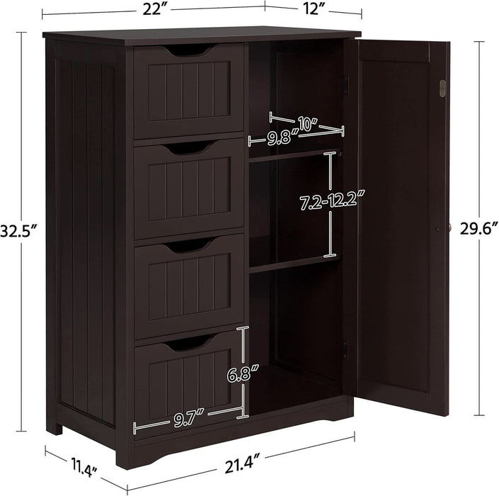 Wooden Bathroom Floor Cabinet, Side Storage Organizer Cabinet with 4 Drawers and 1 Cupboard, Freestanding Entryway Storage Unit Console Table, Home Decor Furniture, Brown
