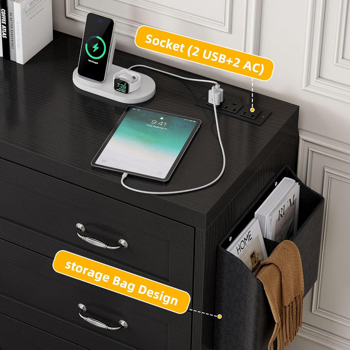 Drawers TV Stand for 65 Inches with Power Outlets -Chest of Drawers Dresser with Side Organizer Bag Entertainment Center TV Console, Black