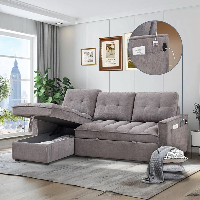 78.75" Sleeper Sofa Couch,Pull-Out Sofa Bed with USB and Tape-C Charging Ports, L-Shaped Sectionalsofa with Reclining Storage and Pocket for Living Room Apartment,Chenille(Dark Grey)