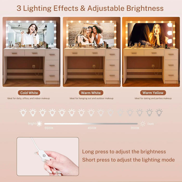 47.2" Large Vanity Desk with Mirror & 14 LED Lights, Makeup Vanity Table with 5 Drawers & Charging Station, Makeup Vanity Desk, 3 Lighting Colors, Dressing Vanity Table for Bedroom, White